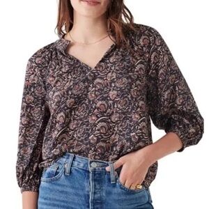 Faherty Portia V-Neck 3/4 Sleeve Blouse Top In Artisan Block Print Floral XS NWT